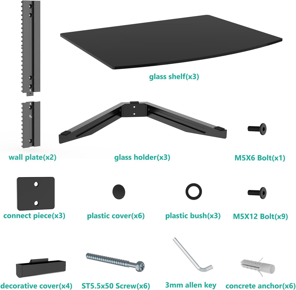 WALI 3 Tier Glass Floating TV Wall Shelf for Projector, DVD Players - Image 5