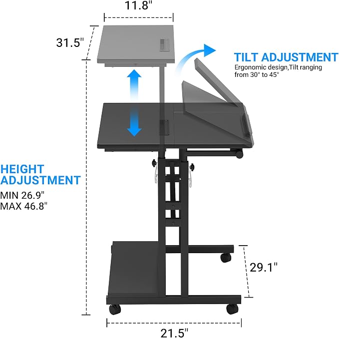 Mobile Standing Desk, Adjustable Rolling Computer Desk with 3 Desktops, Portable Laptop Table with Cup Holder, Home Office Laptop Workstation on Lockable Wheels, Black | Triple desktops, cup holder, lockable wheels, portable workstation, for home office - Image 3