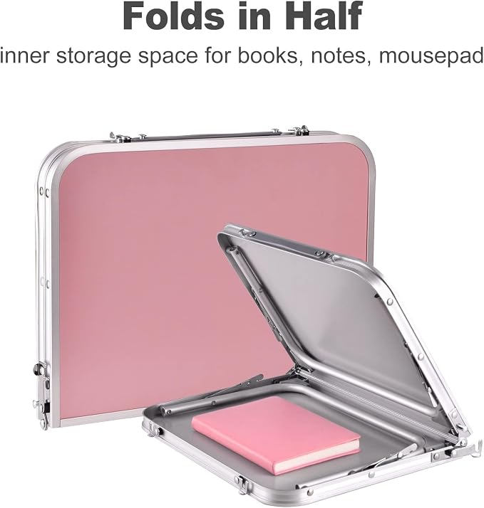 Foldable Laptop Desk, Portable Bed Table with Hidden Storage, Pink | 23.6 x 15.3 in Work Surface, Hidden Storage, Aluminum Frame, Anti-Slip Feet, Carry Handle, Safety Locks - Image 2