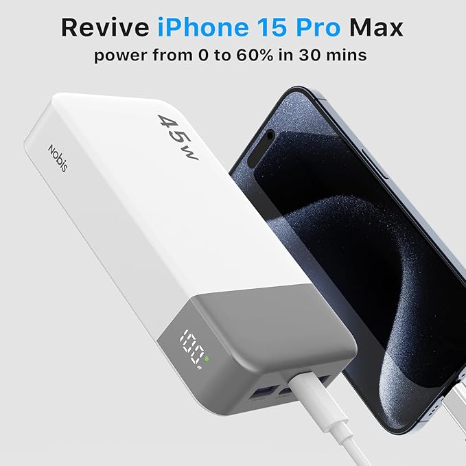 NOBIS Portable Charger 45W 20000mAh Power Bank Fast Charging | 2C+2A Battery Pack with C to C Cable, Battery Bank with Digital Display for iPhone Android Laptop etc - Image 2