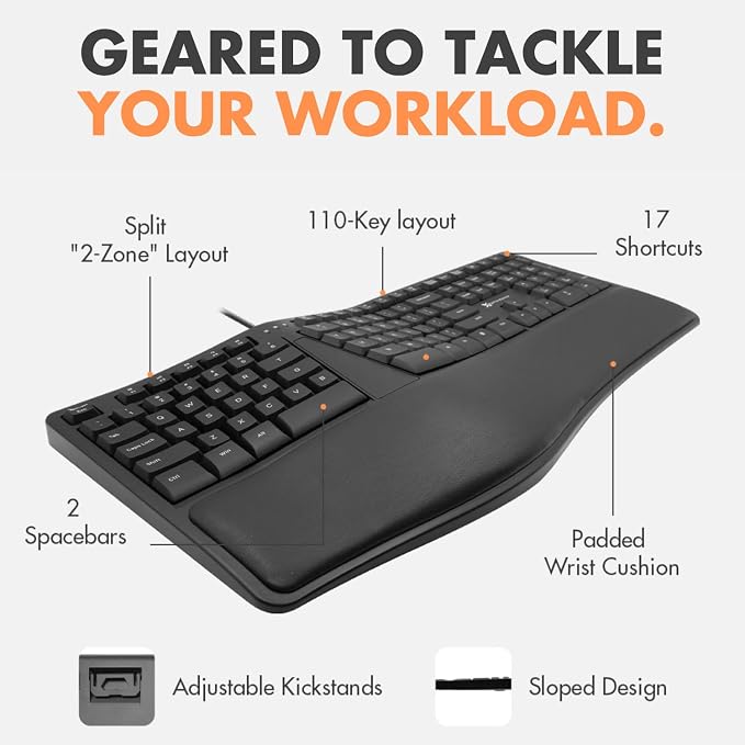 X9 Wired Ergonomic Keyboard with Cushioned Wrist Rest - Type Comfortably Longer - USB Wired Split Keyboard for Laptop, PC & Chrome Computer with 110 Ergo Keys & 5ft Cable - Image 9