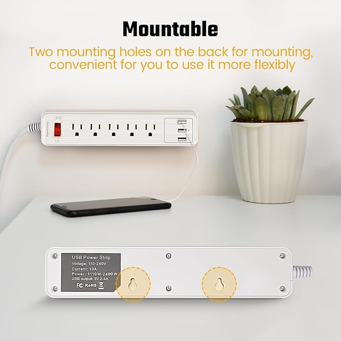 Power Strip, SUPERDANNY Surge Protector, 5 Outlets, 3 USB Ports, 4.5 Ft Extension Cord, 900 Joules, Mountable, Overload Switch, Protected Indicator Light, Multiple Protections for Home Office, White | 900 Joules, Mountable, Overload Switch, Protected I... - Image 6