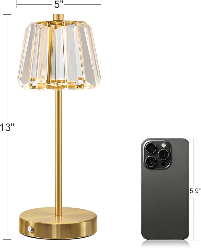 13" Small Crystal Cordless Table Lamp, Touch Rechargeable Desk Lamps | 3 Color Temps, Stepless Dimming, Gold Portable Battery Operated LED Table Lamp for Bedside, Nightstand, Kitchen, Patio, Decor - Image 7