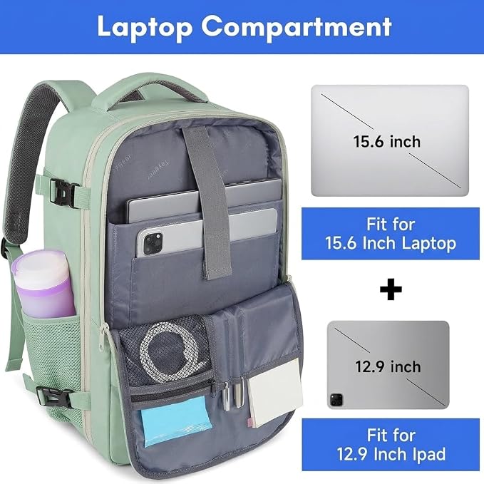 Taygeer Carry On Backpack, 35L Travel Backpack for Women Airline Approved | Cute Underseat Personal Item Travel Bag with Shoe Compartment, Casual Daypack Gifts for Friend Weekend, Green Beige - Image 5