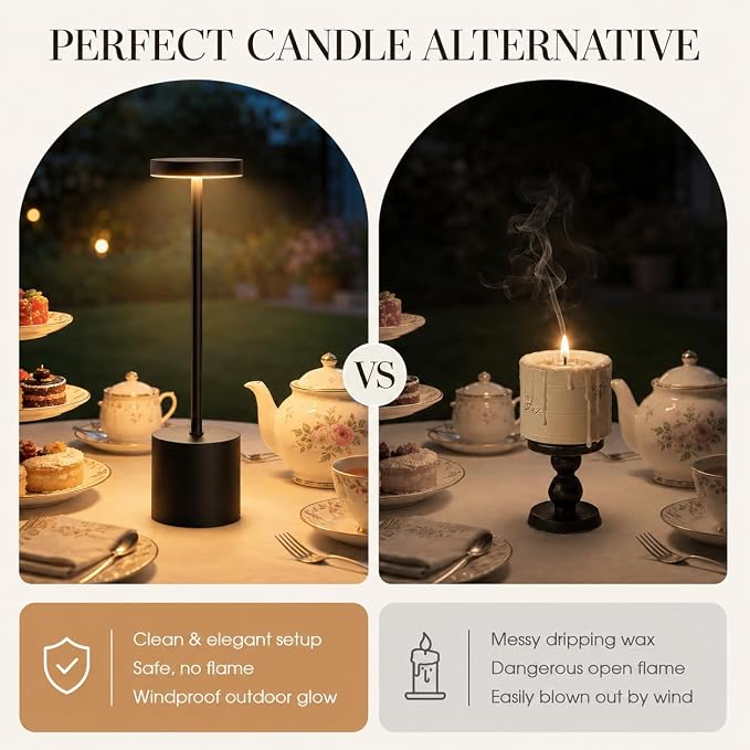 AUDLES Cordless Table Lamp, 5000mAh Rechargeable Lamp with Touch Control & Stepless Dimming, 3 Light Modes, IP54 Waterproof Portable Light for Dining Table, Patio, Bathroom, Power Outage (Black) - Image 2