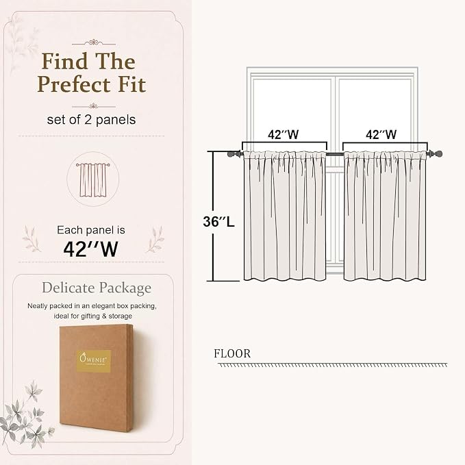 Black Short Sheer Cafe Kitchen Curtains 36 Inch Length 2 Panels Set | Half Curtains for Living Room Bedroom Basement Bathroom Small window, Sheer curtain over sink, Rod Pocket, Each 42"W x 36"L - Image 4