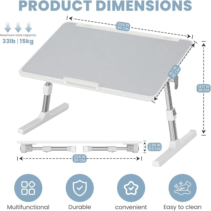 Adjustable Lap Desk, Foldable Laptop Desk for Bed, X-Large Lap Table | 23.6 x 15.7 Inches Bed Laptop Table, Laptop Stand for Couch & Sofa, Laptop Tray for Adults Writing Reading Eating, Gray - Image 7