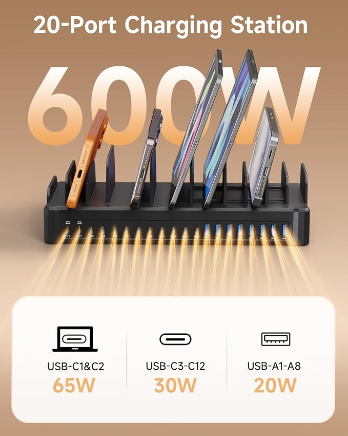 20-Port 600W Charging Station for Multiple Devices with 10 Cables | GaN5 Dual 65W Multi-device Charging Dock , Fast Charger Station for Laptop Macbooks iPhone Samsung Galaxy Android Tablet - Image 3