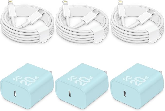20W Fast Charger for iPhone 14/13/12 [3-Pack, MFi Certified] | USB-C PD power adapter with 6Ft cable, compatible with iPhone 14/13/12/Pro Max/Pro/Plus/Mini, iPad & more - Blue+White by CXX