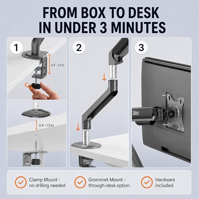 3IDEE FlexiLite Single Monitor Arm Desk Mount for 17-32" Screens, Holds up to 20 lbs, Slim Aluminium Design, Fully Adjustable & Flexible, Quick Box to Desk Setup, Clamp/Grommet Base, VESA 75/100 - Image 4