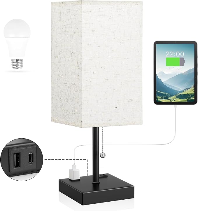 aooshine 17.4" Beige Bedside Table Lamp for Bedroom - USB C+A, 2 AC Outlets | Pull Chain Lamp, 3 Color Modes(3000K/4000K/5000K), E26 LED Bulb Included, Square Beige Fabric Lampshade, for Read, Work, Dorm - Image 2