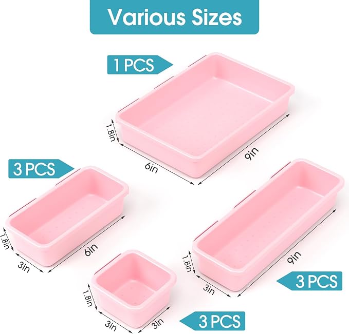 10 PCS Drawer Organizer Set, 4 Size Makeup Drawer Divider Organizer With Non-Slip Pads, Interlocking Plastic Storage Bins for Office,Jewelry Vanity,Gadgets, Bathroom,Kitchen, Pink - Image 2