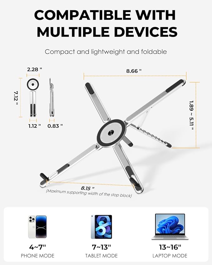 Adjustable Laptop Stand, 3-in-1 Magnetic Foldable Stand for Laptop, Tablet & Phone, Portable Aluminum Laptop Riser with Multi-Angle Support for Desk, Home & Travel - Image 3