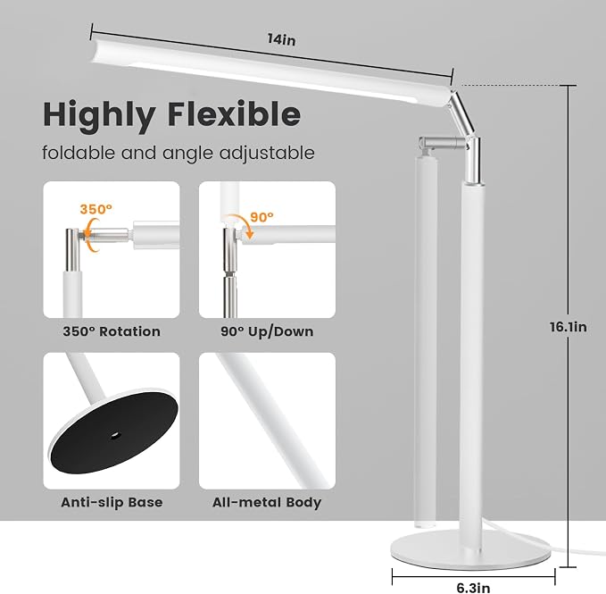White LED Desk Lamp, 16" Dimmable Metal Desk Light with Base, 15W 1200LM, Adapter Included, Color & Brightness Adjustable, Modern Tall Table Lamp for Home Office Reading Study Task Laptop - Image 3