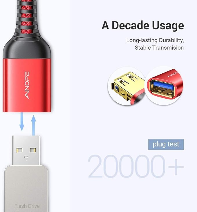 AINOPE USB Extension Cable,USB Extender,USB 3.0 Extension Cable, Male to Female Cord High Data Transfer Compatible with Webcam,Keyboard,Flash Drive,Hard Drive,Printer,10FT,Red - Image 4