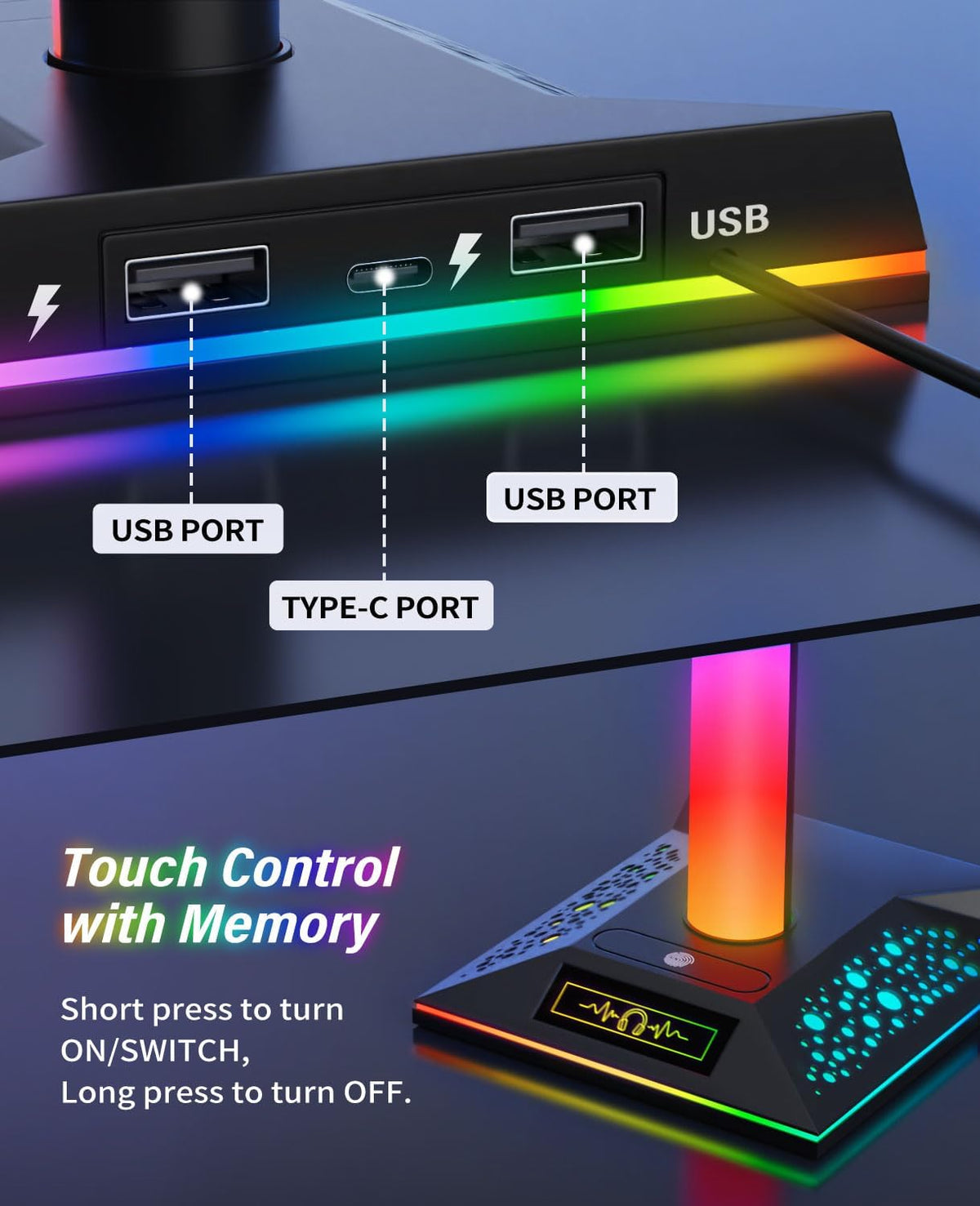 RGB Gaming Headset Stand, LED Headset Holder with 3 Charging Ports (2 USB & 1 Type-C) & 10 Lighting Modes, Headphone Stand Cool Stuff for Boys, Desk PC Gaming Accessories Gifts for Gamers Men Adult - Image 8