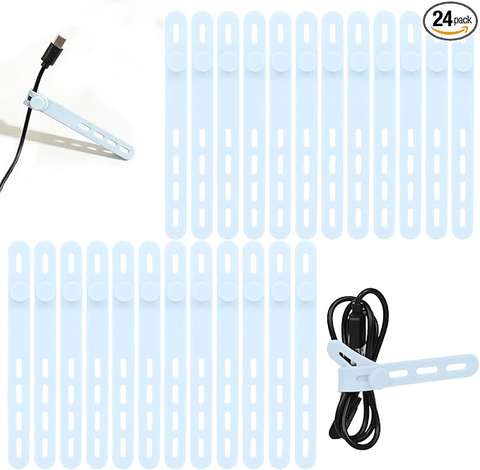 Donruby 24Pcs Silicone Cable Ties, Reusable Cord Organizer Straps, Ice Blue | Adjustable, Multipurpose, 5.12" High-Elasticity Cord Wraps for Bundling Electronics, Home Office Travel Essentials by Donruby