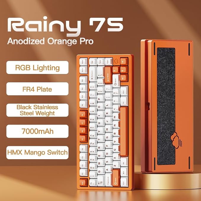 KEEBMONKEY WOBKEY Rainy 75 Aluminum HMX/JWK Switches Mechanical Keyboard with Superior Acoustics, Wired, BT, 2.4G Wireless Connectivity (Pro Orange(Stainless Steel Weight)) - Image 2