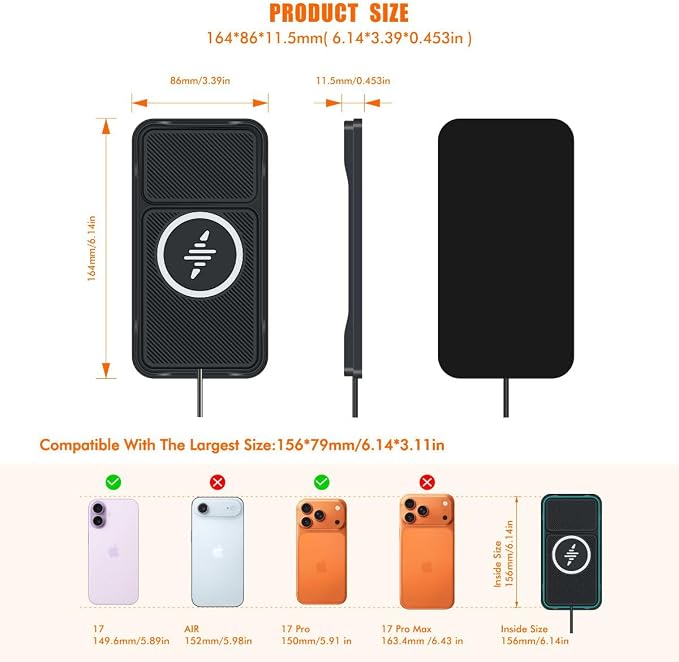 Wireless Car Charger Pad for iPhone 17/16/15/14/13/12 Pro & Samsung, Non Slip Wireless Charging Pad for Car Dashboard Console, USB A Phone Charger for Vehicle Commute Travel, Fits Small Phones - Image 3