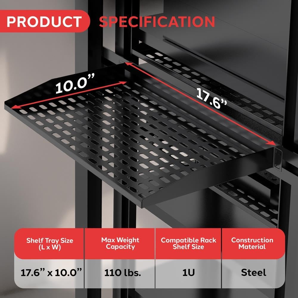 Pyle 2-Pc 1U Server Rack Shelf, Vented Shelves for Good Air Circulation, Cantilever Mount, Wall Mount Rack, Universal Device, Cabinet Shelf, Computer Case Mounting Tray, Black- PLRSTN14UX2 - Image 3