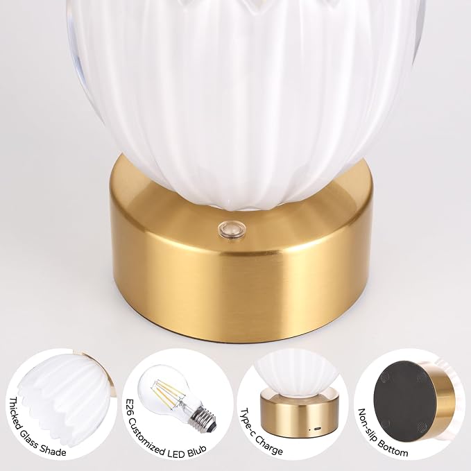 Shenmoyl Cordless Small Table Lamp with 5200mAh Battery & Touch Control, Battery Operated Tulip Table Lamp with 3 Colors, Rechargeable Mini Table Lamps for Bedsides, Bedroom, Nightstand (White) - Image 8