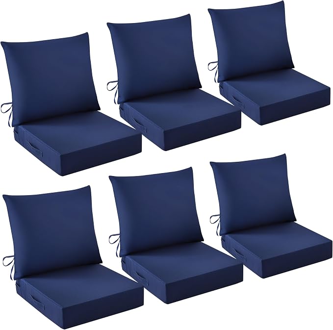Outdoor Chair Cushions, 24 x 24 Inch Outdoor Cushion for Patio Furniture, Patio Chair Cushion, Waterproof & Fade Resistant Deep Patio Furniture Cushions Set with Handle and Ties, Navy Blue (Set of 6) by IASEAHK