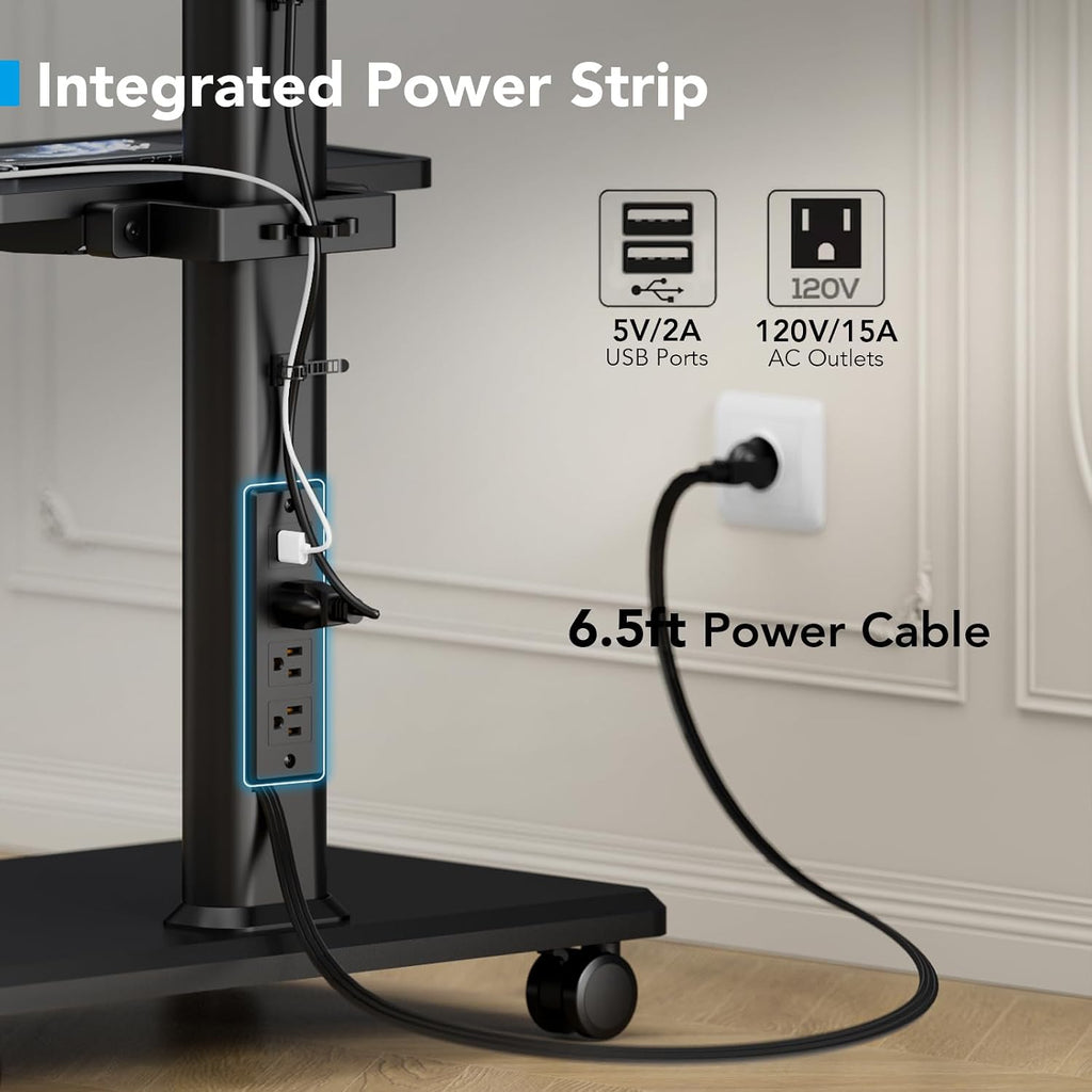 Mobile TV Stand with Power Outlets&Shelf, Floor Portable TV Stand with Wheels for 27-65Inch LCD LED OLED Flat/Curved Panel Screen, Swivel,Height Adjustable&Wood Base, RollingTV Cart Black - Image 2