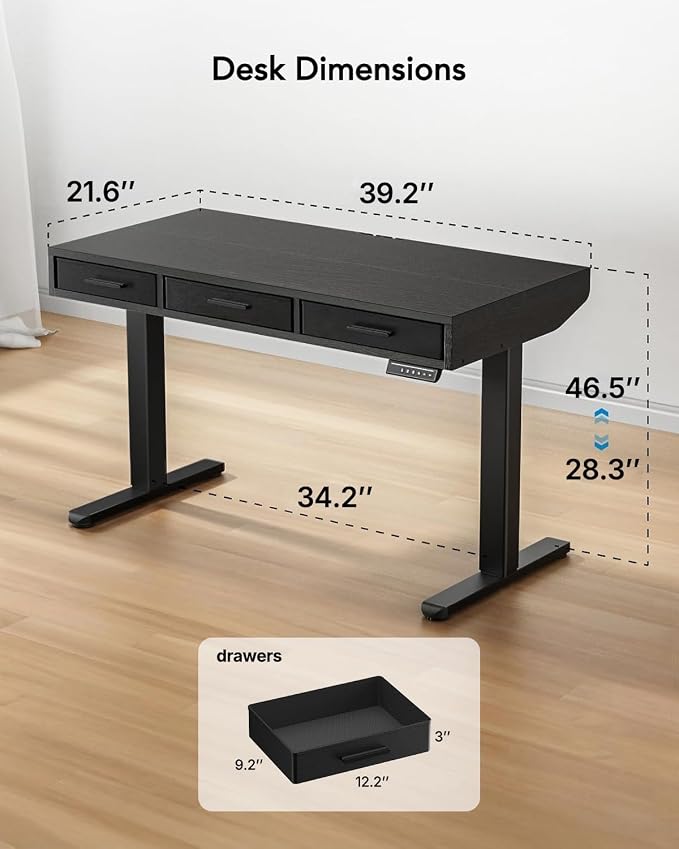 HUANUO Electric Standing Desk with Drawers, C-Clamp Mount Compatible, 40 x 22 Inch Height Adjustable Sit Stand Desk, Fabric Drawers, Home Office Stand Up Desk with 4 Custom Height Settings, Black - Image 3