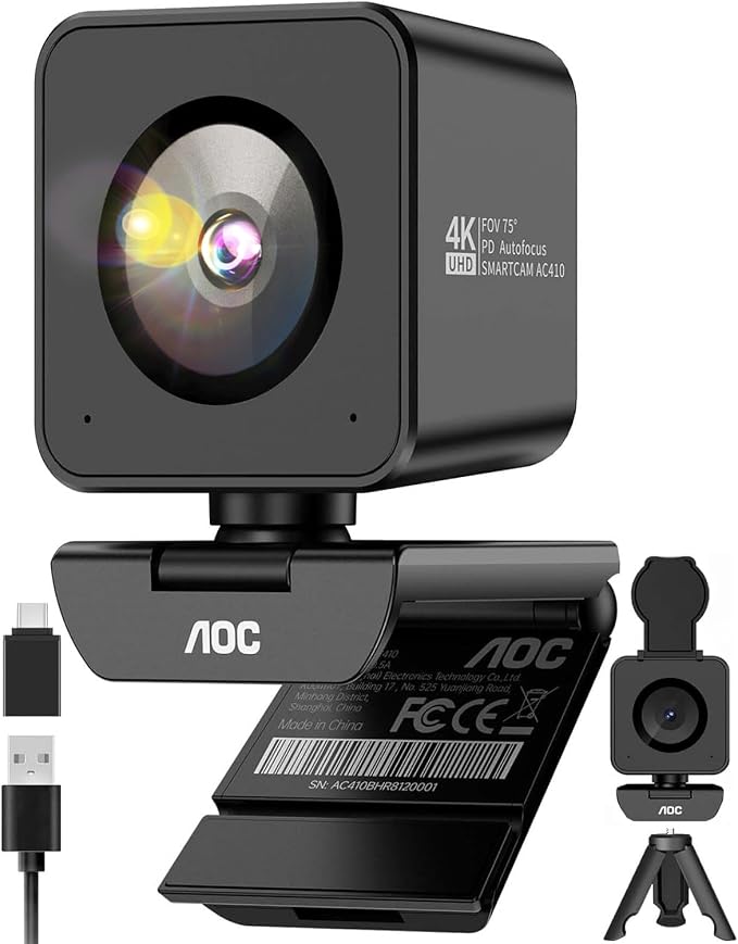 AOC 4K Webcam for PC, Sony Sensor, 1080P 60FPS Streaming Camera with PDAF | Computer Camera for Zoom/Mac/Switch 2, Privacy Cover, Plug & Play, 75° FOV, Tripod, USB A-C Adapter Included by AOC