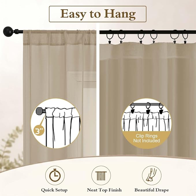Taupe Sheer Curtains 84 Inches Long 2 Panels for Living Room 52 Wide | Sheer White Curtains for Bedroom, Elegant Airy Light Filtering Window Treatments, Rod Pocket, 2pcs Each Panel 52" W x 84" L - Image 6