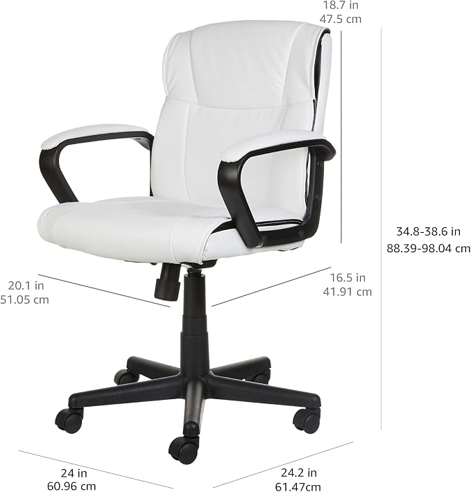 Amazon Basics Office Task Chair with Adjustable Height, 360° Swivel, Padded Armrests, Mid-Back, 275 Pound Capacity, BIFMA Certified, 24.2"D x 24"W x 38.6"H, White Faux Leather - Image 3