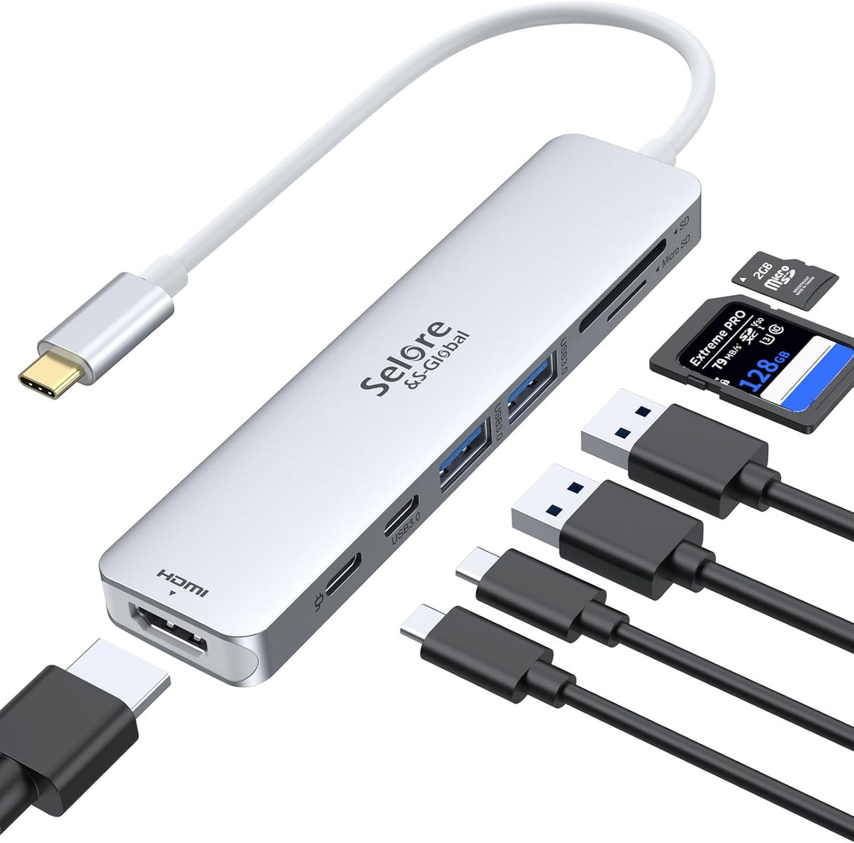 Selore&S-Global USB C Hub HDMI Adapter for MacBook Pro/Air, 7 in 1 USBC Dongle with HDMI, microSD/SD Reader, USB C Data Port,100W PD and 2 USB 3.0 Compatible for MacBook Pro/Air(Light Sliver) by Selore&S-Global