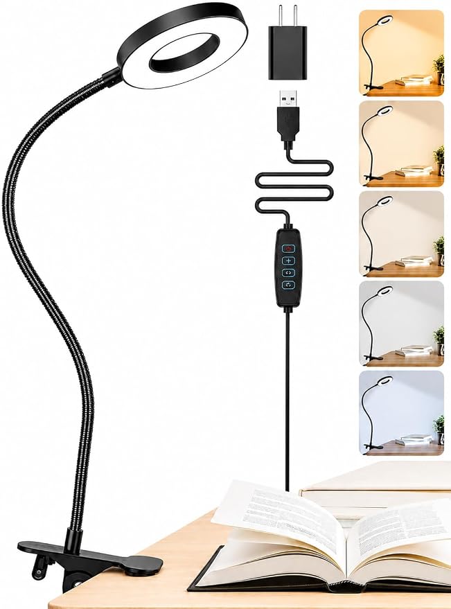 Clip on Lamp,5 Colors+10 Brightness Memory LED Desk Lamp with Clamp Light | 550lm Bright Clip on Light for Bed Headboard/Bedside Table,360° Adjustable Reading Light for Bed/Dorm/Nail/Puzzle,USB Adapter by Unknown