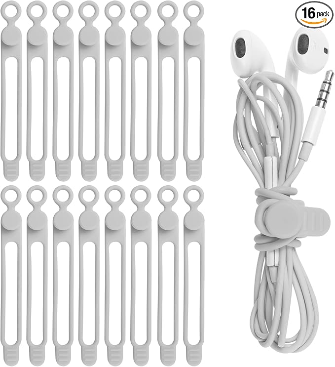 Silicone Cable Ties, Cord Organizer Cable Management(16Pcs-Grey) | Reusable Cord Ties for Electronics, Office Desk Accessories, Home Travel Essentials, Easy to Use, 4.2 Inch by ELECTRONICSORGANIZATION