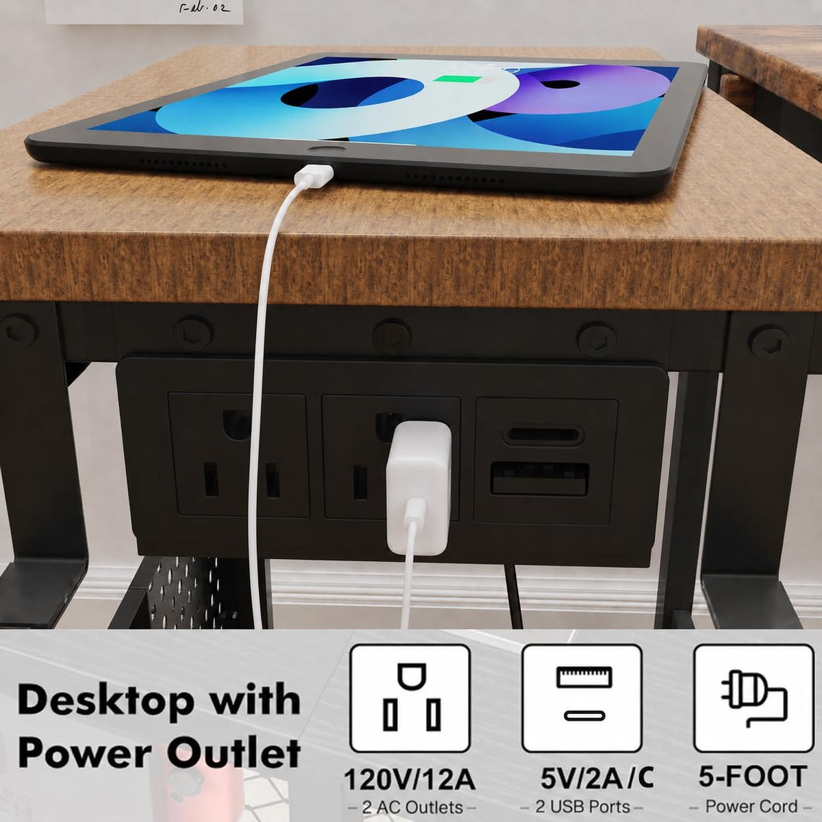 Adjustable Computer Tower Stand with Charging Station & Pegboard,Brown - Image 6