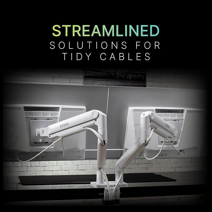 MSI MAG MT201DW - Premium Heavy Duty Dual Monitor Stand Arms, 17-45" Support, VESA Compatible, Adjustable Spring Assisted Mount, 44 lbs per Screen, Clamp & Grommet, Quick Release Plate - White - Image 6