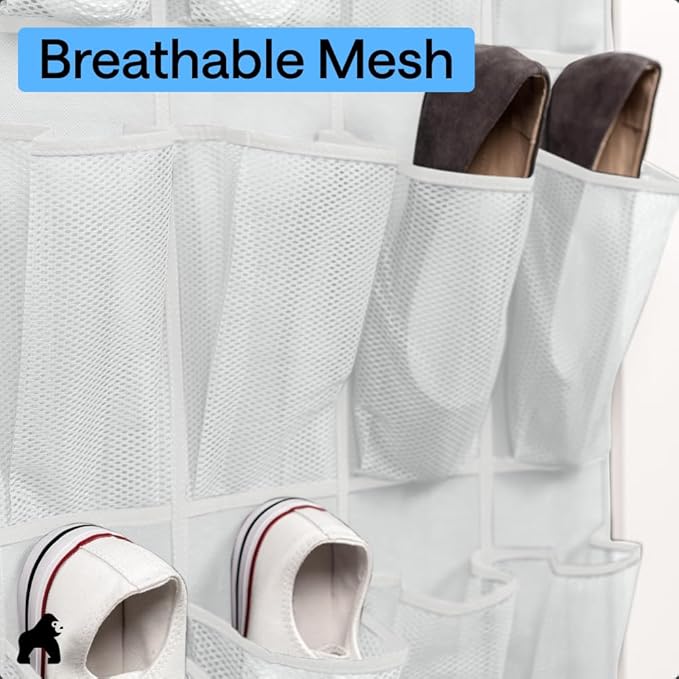GORILLA GRIP Over the Door Shoe Organizer, 24 Large Pockets, White 2 Pack | Breathable Mesh Pocket, Space Saving Hanging Storage Holder, Closet Rack Hanger for Shoes, Pantry and Bathroom Accessories - Image 5