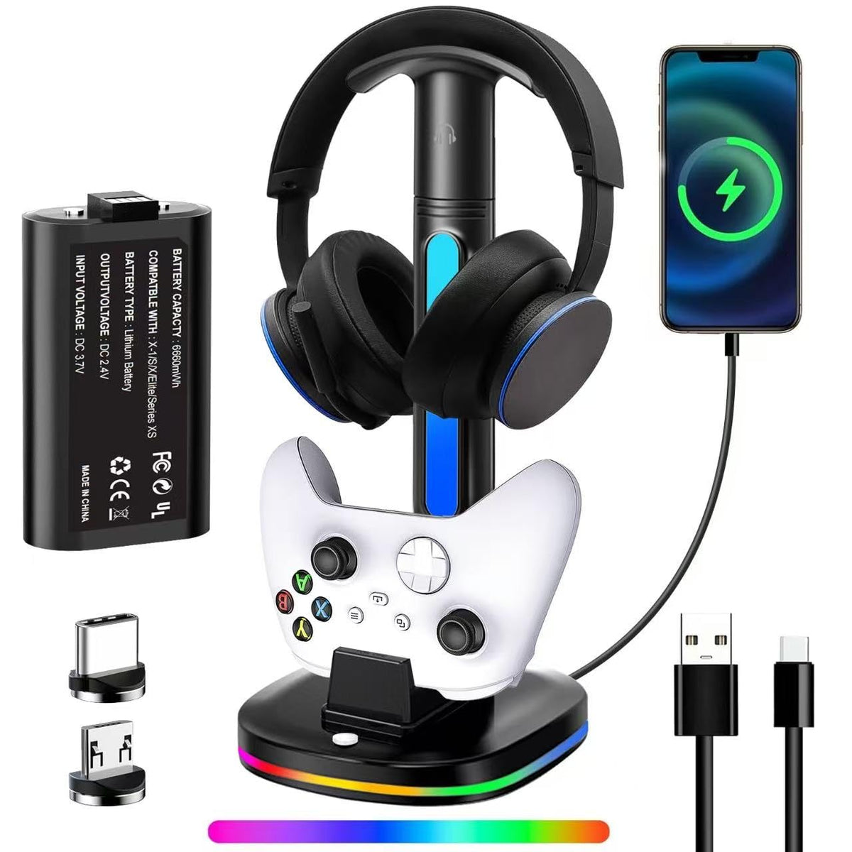 Xbox Headphone Stand with Controller Charger, RGB Xbox Controller Charging Station Headset Stand for Xbox Series X/S/One/One X/One S Charging, Equipped with 1 * 5180mWh Rechargeable Xbox Battery Pack by Awgvener