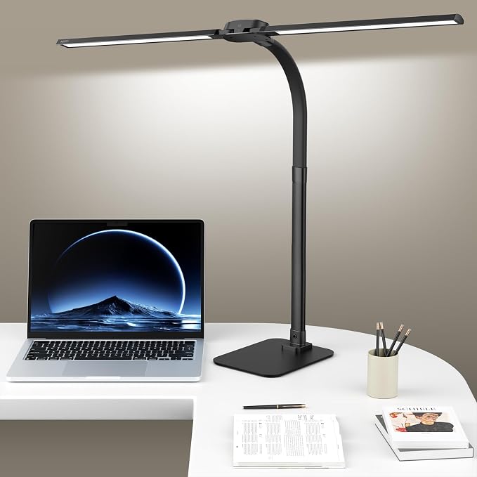 24W LED Desk Lamp for Home Office, 1500lm Dual Head Task Light with Remote | Tall Architect Lamps for Reading, USB Charging Port, Eye Caring, Dimmable 5 Color Modes, Adjustable Gooseneck, Timer, Base by KARY