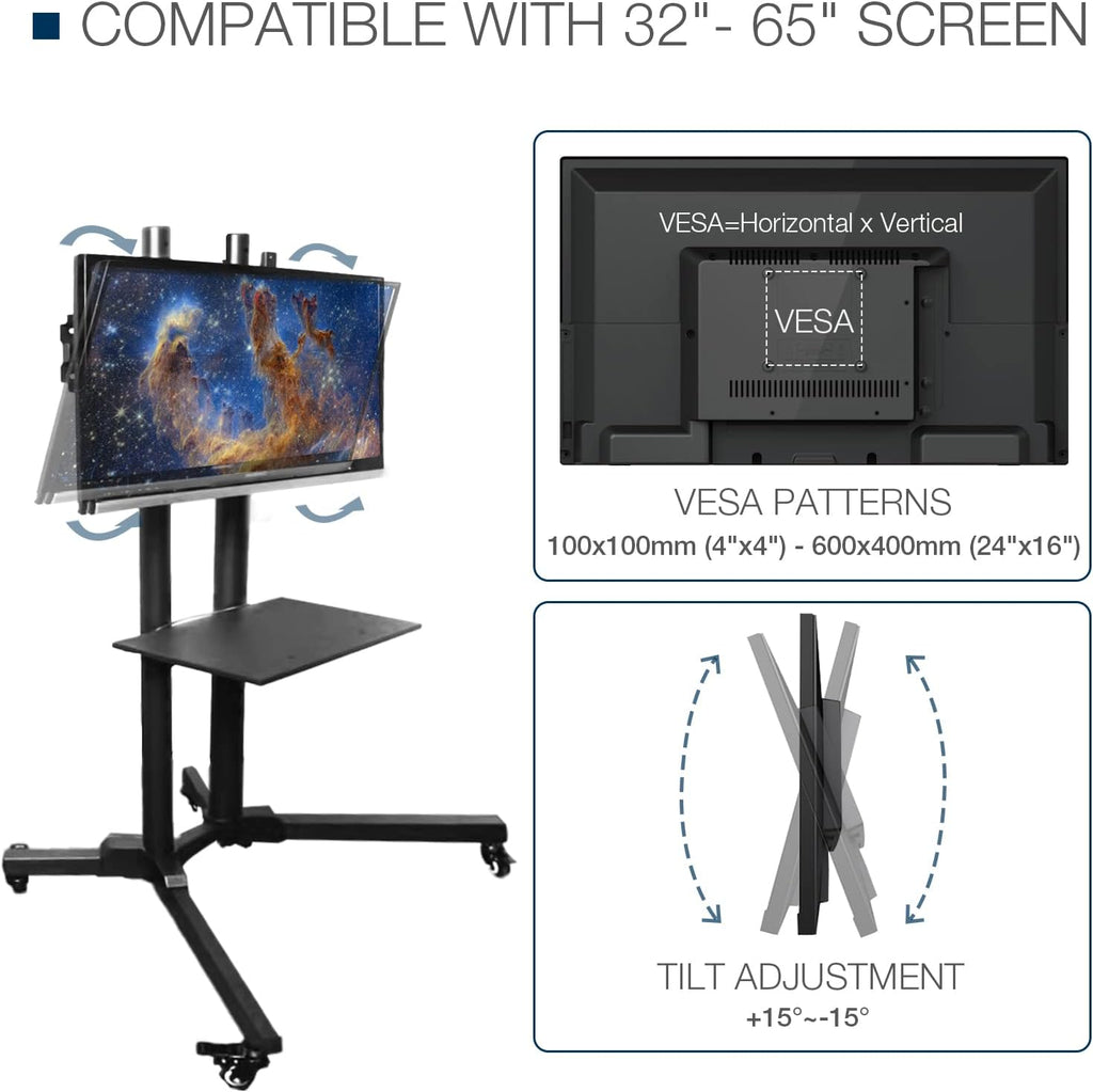 Mobile TV Stand on Wheels for 32-65 Inch LCD LED Flat Panel Curved Screen TV up to 132lbs, TV Cart with Height Adjustable Laptop Shelf Movable Portable Rolling Floor TV Stand Max VESA 600*400mm - Image 4