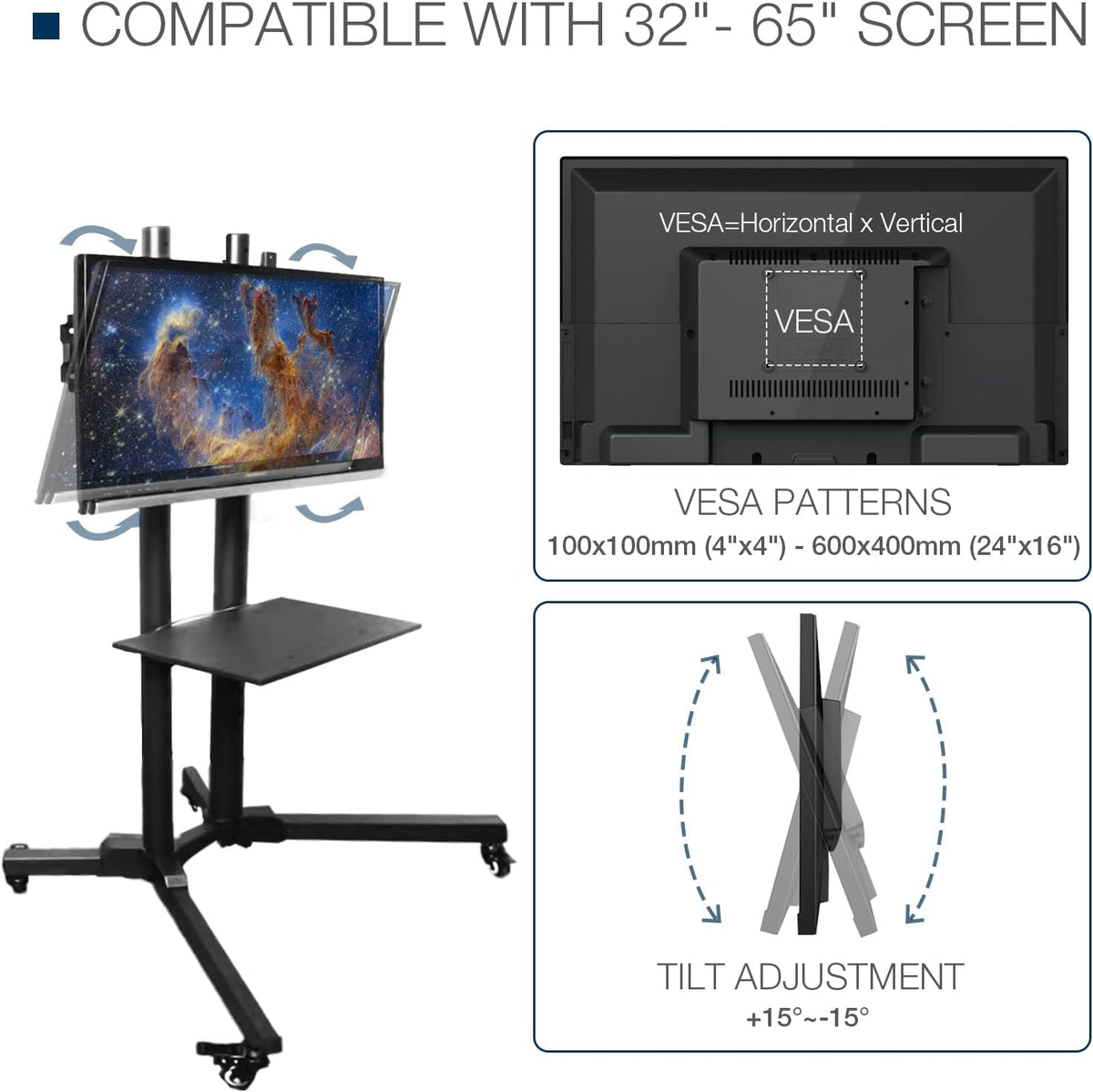 Mobile TV Stand on Wheels for 32-65 Inch LCD LED Flat Panel Curved Screen TV up to 132lbs, TV Cart with Height Adjustable Laptop Shelf Movable Portable Rolling Floor TV Stand Max VESA 600*400mm - Image 4