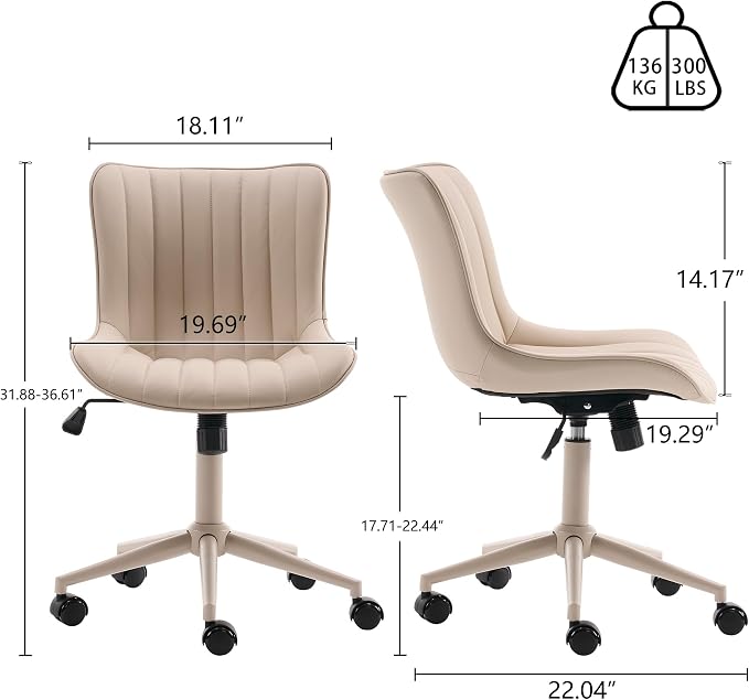YOUNIKE Office Desk Chair with Wheels Armless Vanity Chair Ergonomic Cream | Faux Leather Upholstered with Rocking Back, Swivel Height Adjustable, Modern Small Cute Task Chair For Sewing Drafting - Image 2