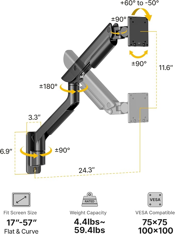 monTEK Monitor Wall Mount for 17-57" Ultrawide, 59.4 lbs, Black | Pneumatic lift, full-motion aluminum arm, quick-release VESA 75/100 plate and cable management for curved or flat screens - Image 9