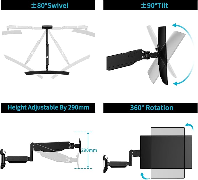 Suptek Single Wall Mount Monitor for 13-32" | Full Motion Adjustable, Gas Spring Arm, Holds up to 22lbs, VESA 75x75/100x100 - Image 6