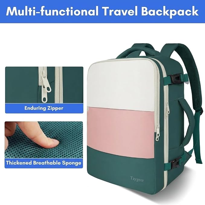 Taygeer Carry On Backpack, 35l Travel Backpack for Women Airline Approved | Cute Underseat Personal Item Travel Bag with Shoe Pouch, Casual Daypack Gifts for Friend Weekend, Beige Peacock Pink - Image 8