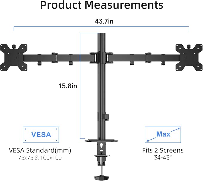 Suptek Dual Monitor Desk Mount, Adjustable Dual Monitor Arm for 2 Monitor Screens up to 43 inch, 15.75" Pole Monitor Stand for Desk, Holds up to 22 lbs, Black(MD9442LB) - Image 2