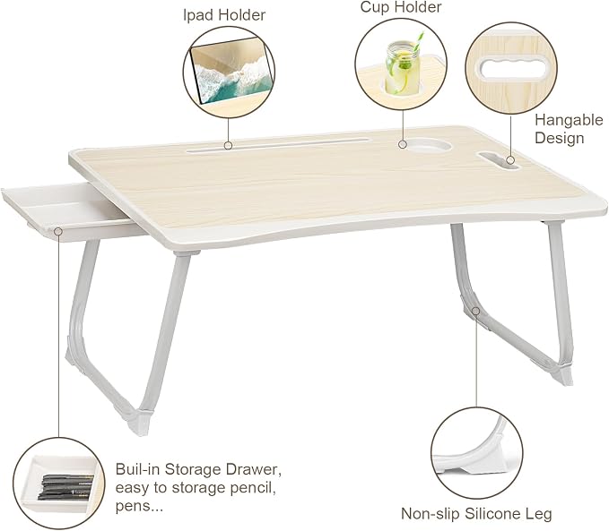 Amaredom Laptop Bed Desk Tray Bed Table, Foldable Portable Lap Desk Notebook Stand Reading Holder with Storage Drawer and Cup Holder for Eating Breakfast on Bed/Couch/Sofa-White Maple - Image 3