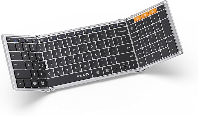 ProtoArc XK01 Full-Size Foldable Bluetooth Keyboard for Travel, Silver | 105 keys, number pad, 0.65in keycaps, 3-device Bluetooth 5.1 switching, USB-C charging, for laptop tablet phone by ProtoArc