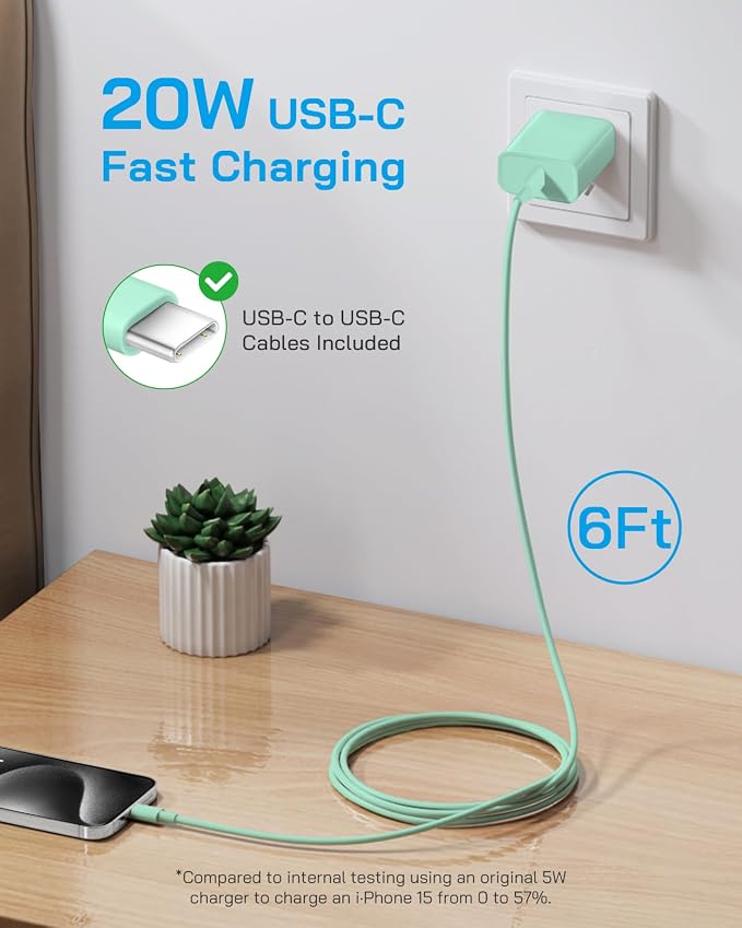 AISNI iPhone 17/16/15 Charger Fast Charging 3 Pack Type C Chargers | 20W USBC Charger Block for iPhone 17 16 15 Pro max iPad Pro with Long 6 FT iPhone USB C Cable-Green - Image 2