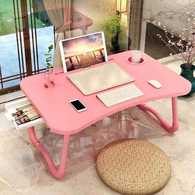 Laptop Desk Foldable Bed Table, Portable Lap Desk Laptop Bed Tray Table with Storage Drawer and Cup Holder, Lap TraysTables Notebook Stand Reading Desks Breakfast Tray for Beds Couch Sofa Floor – Pink - Image 8